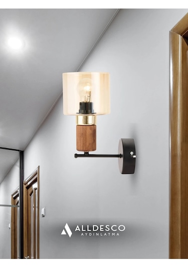 Elyra Modern Dekoratif Duvar Aplik Ahşap Detaylı Camlı Aydınlatma Bal