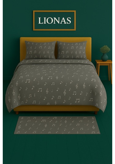 Çift Kişilik Desenli Nevresim + 2 Adet Kapaklı Yastık Kılıfı Antrasit