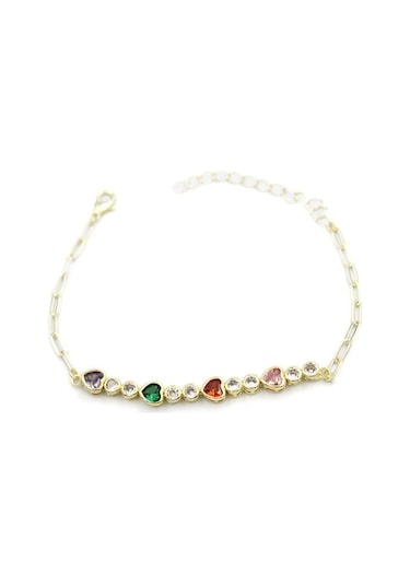 Taşlı Kalp Bileklik - Altın Çok Renkli