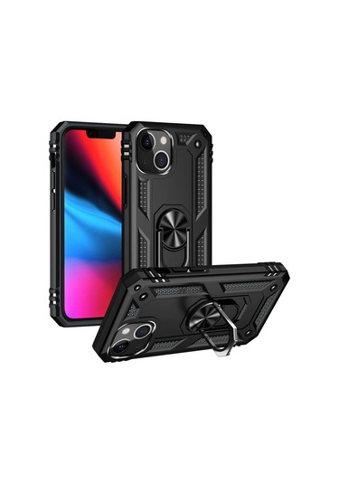 Forzacase İphone 13 İle Uyumlu Ares Serisi Yüzük Standlı Armor Sert Plastik Kılıf Siyah