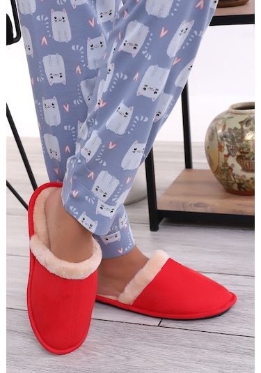 Wordex U050 Unisex Kışlık Ev İçi Terliği Kürklü Yünlü Terlik Kırmızı