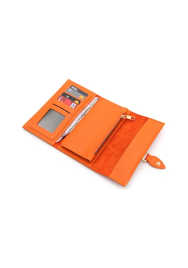Soft Yumuşak Deri Fermuar Bölmeli Trend Kadın Cüzdan Turuncu Turuncu