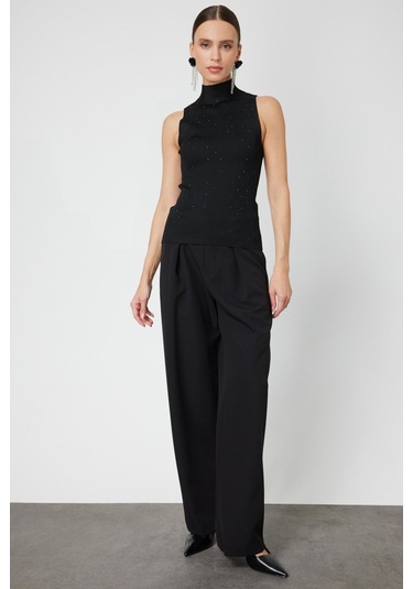 On Kadın Taşlı Kolsuz Triko Bluz 66375 Siyah Siyah