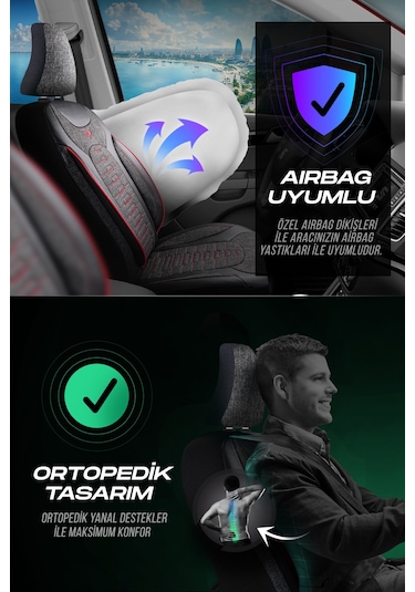 Füme - Kırmızı Panda Bakü Serısı Keten Kumaş Oto Koltuk Kılıfı - Tam Set