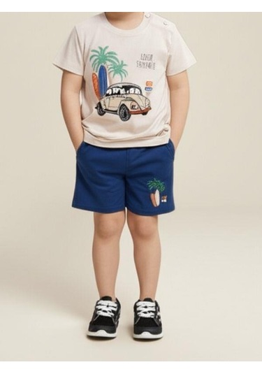 Erkek Bebek Pamuklu Araba Baskılı Şortlu Takım-15827 Bej