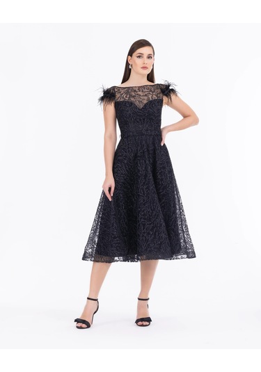 Kayık Yaka Tül Detaylı Simli Abiye-siyah Siyah