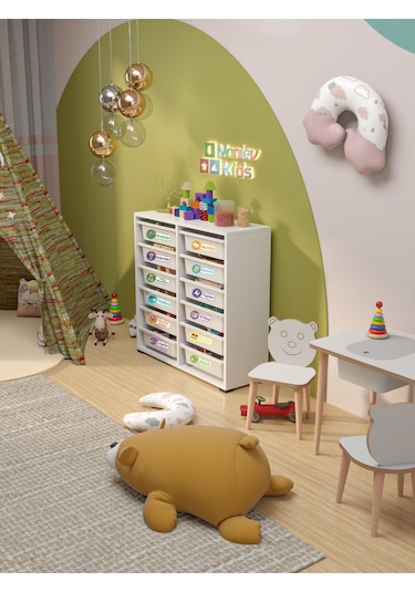 Berra 12 Sepet Stickerlı Çok Amaçlı Dolap Oyuncak Dolabı Beyaz Beyaz