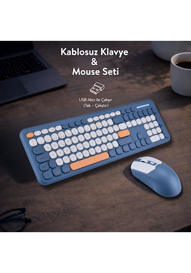 Soft Touch Kablosuz Klavye Mouse Set Lacivert + Beyaz Smk-687 Diğer