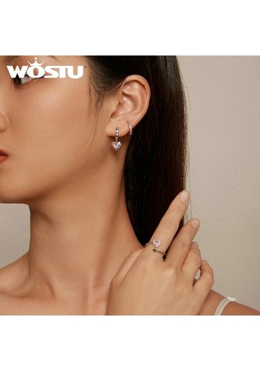 Wostu Düğün Takısı 925 Ayar Gümüş Pembe Cz Kalp Bırak Dangle Küpe Kadınlar İçin Platin Plaka Aşk Kalp Kız Çemberler Hediye