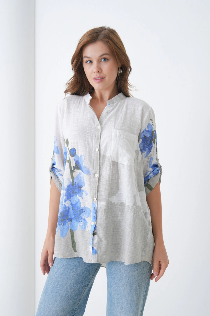 Kadın Tesettüre Uygun Uzun Kol Pamuk Şık Büyük Beden Desenli Curve Rahat İtalyan Keten Gömlek Mavi