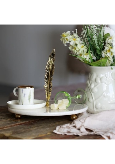 Akayev Mermer Beyaz 28 Cm Altın Boncuk Ayaklı Uzun Tüy Sunum Tabağı Beyaz