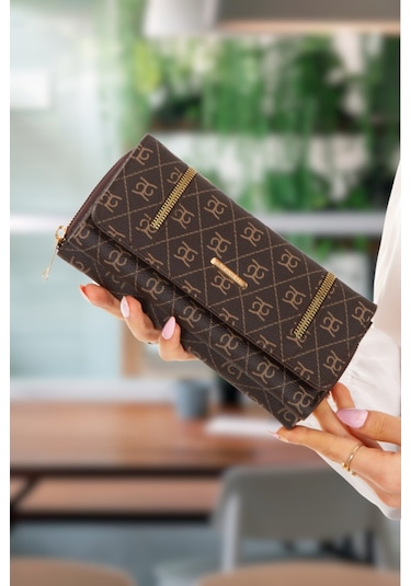 Kadın Desenli Kağıt Para Ve Kartlık Bölmeli Cüzdan Kahverengi