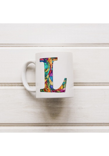 L Harfi Bardak 330 Ml İsme/harfe Özel Hediye, Renkli Harf Tasarım Beyaz