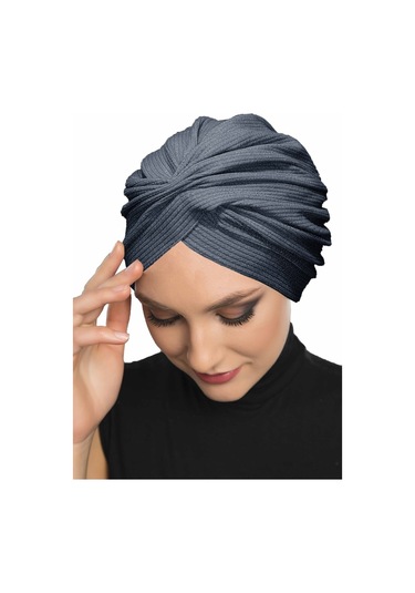Çapraz Fitilli Penye Koyu Gri Hazır Türban Tesettür Havuz Bonesi Koyu Gri