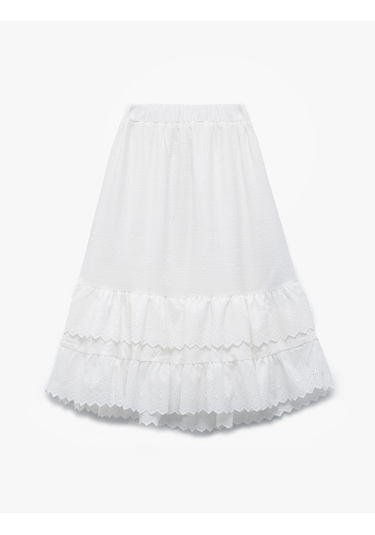 Koton Pamuklu Kat Detaylı Fırfırlı Brodeli Midi Etek Ekru 5skg70052aw Ekru