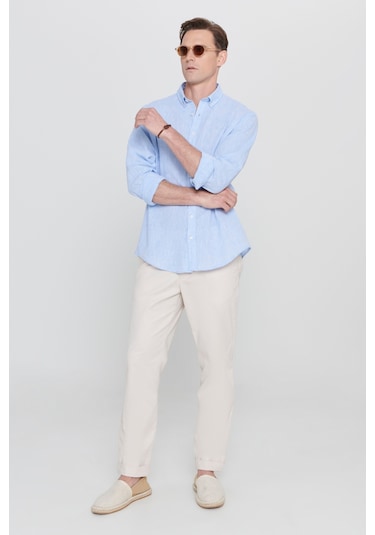 Erkek Mavı Comfort Fit Rahat Kesim Düğmeli Yaka Keten Gömlek Mavi