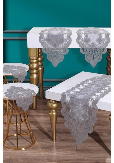 Fransız Güpürlü Kadife Midye Salon Takımı 5 Parça Gri Gri