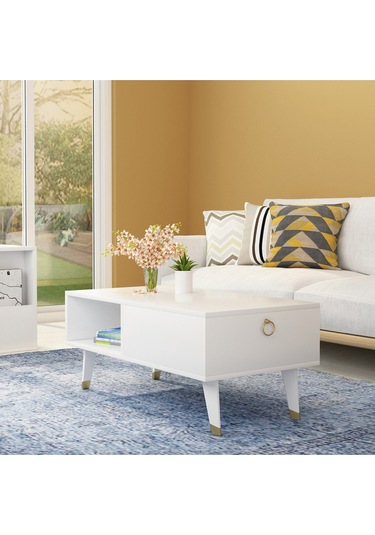 Delux Kapaklı Orta Sehpa Beyaz Beyaz