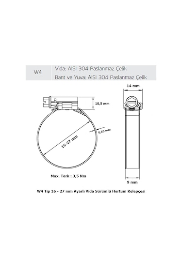 3 Adet W4 Hortum Kelepçesi 16-27 mm Ayarlı 304 Kalite Paslanmaz