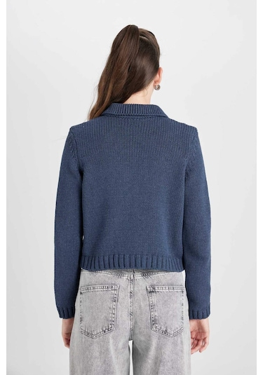 Defacto Regular Fit Polo Yaka Basic Düz Düğmeli Triko Hırka D5395AX24AUNV215 Lacivert