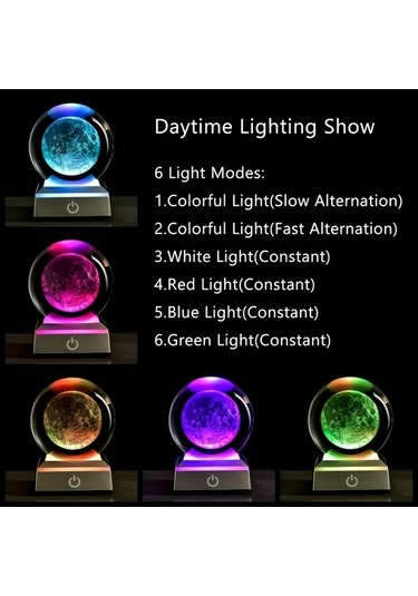 Xuweiwei 1 Adet 8 Cm Renkli Led Tabanlı 3d Ay Gezegen Kristal Topu Gece Lambası Ev Dekoru Hediyesi Beyaz