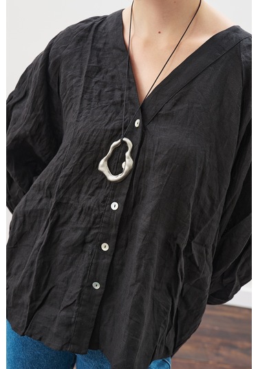 Keten Crush Düğmeli Bluz Siyah Siyah