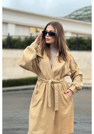 Kadın Vizon Balon Kol Beli Kemerli Midi Kaşe Kaban Astarsız Sütlü Kahverengi