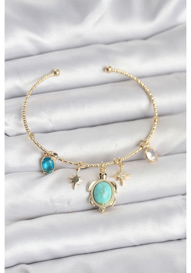 Caretta Caretta Charmlı Gold Renk Kadın Bileklik Çok Renkli