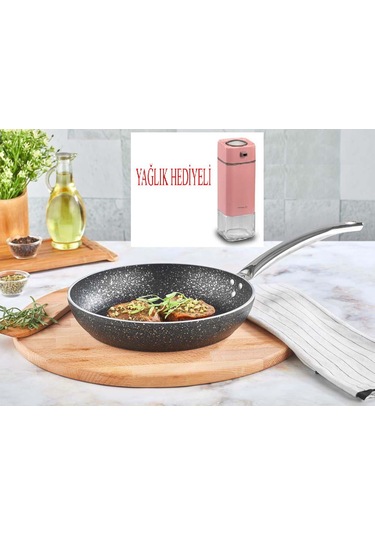 Granit Tava 24 Cm Ve Pembe Yağlık Sirkelik Sosluk Siyah