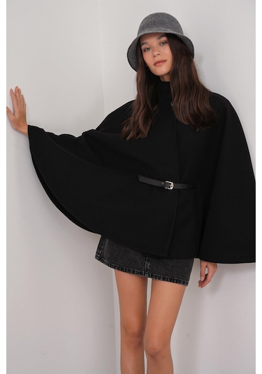 4768 Kadın Kemerli Panço Premium Kaşe Ceket Siyah Siyah