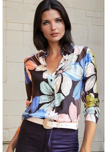 Mavi Çiçek Desenli, Uzun Kollu Gömlek Mavi