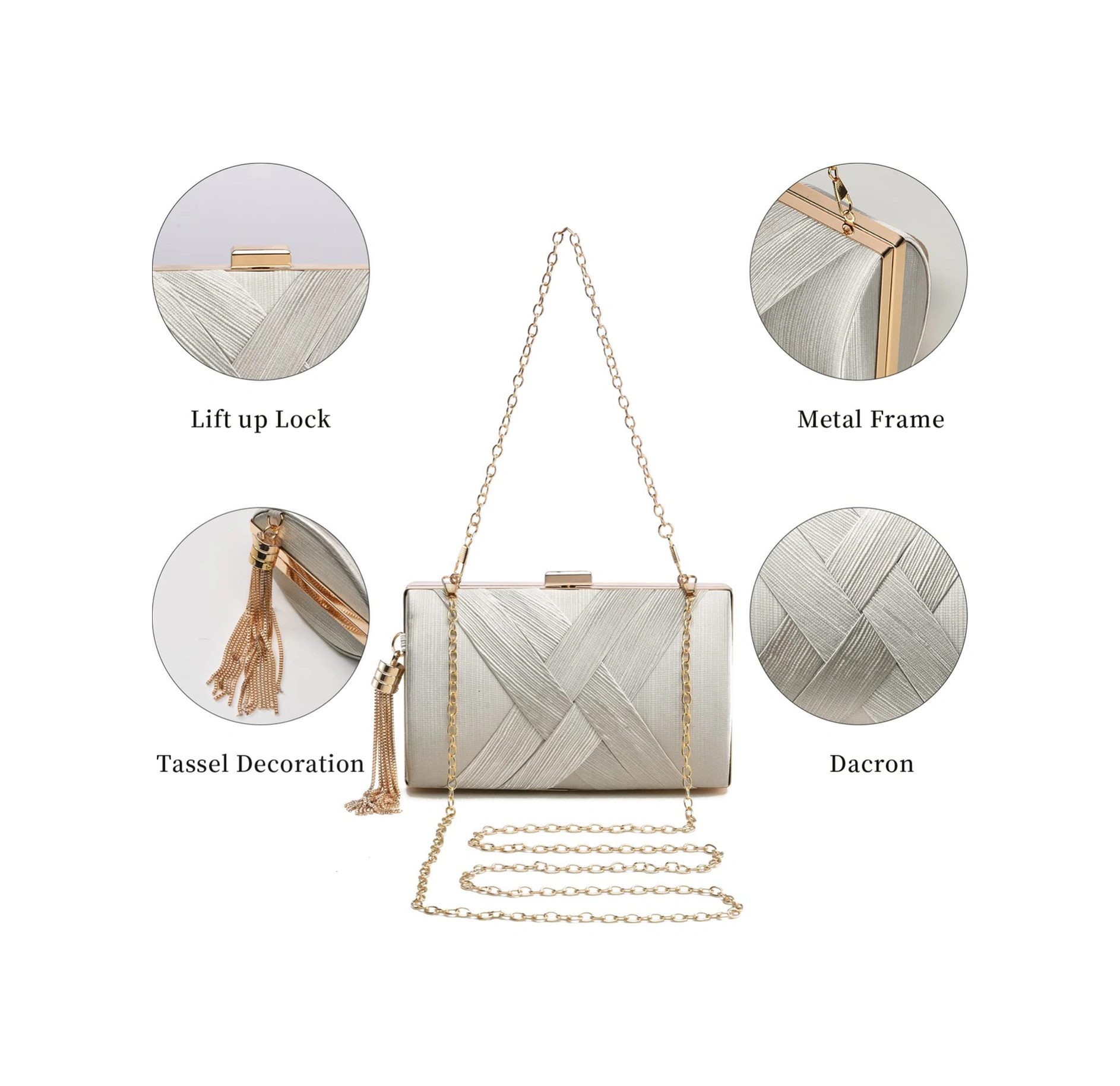 Yuntech01 Renkli İmitasyon İpek Askılı El Çantası - Metal Kanca Kapatma, 17.5x7x11.5cm, 0.41kg, 2 Metal Zincir Uzun & Kısa Çok Renkli