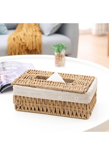 Haki-yaratıcı El Yapımı Rattan Doku Kutusu Ev Kağıt Saklama Sepeti Ev Dekorasyon Haki Çiçek Tarzı 1 Adet
