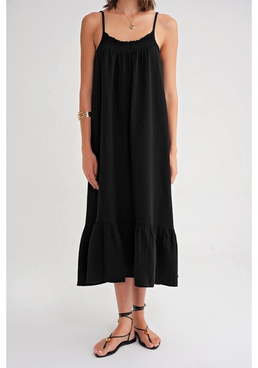 4740 Kadın Askılı Müslin Midi Elbise Siyah Siyah
