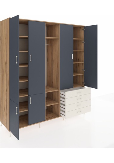 Kronos Dolap 14 Raflı 4 Çekmeceli Tek Askılı 220x59x243 Çam-antrasit/aytaşı Antrasıt/aytası