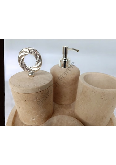 Sarı Traverten Klasik Model 5 Parça Gümüş Renk Halka Aksesuarlı Banyo Seti Sarı Traverten