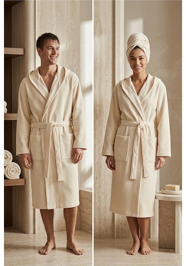 Soft Comfort Lacost Örgü Unisex Kapüşonlu Bornoz Bej