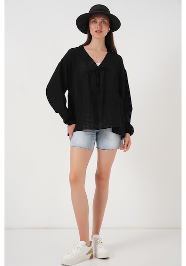 Kadın Önü Bağcıklı Uzun Kol Bluz 946 - Siyah Siyah