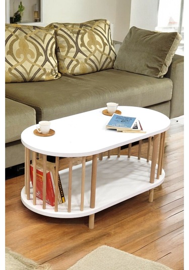 Orta Sehpa Ahşap Ayaklı Sehpa İki Raflı Sehpa Dekoratif Sehpa Gazetelikli Beyaz