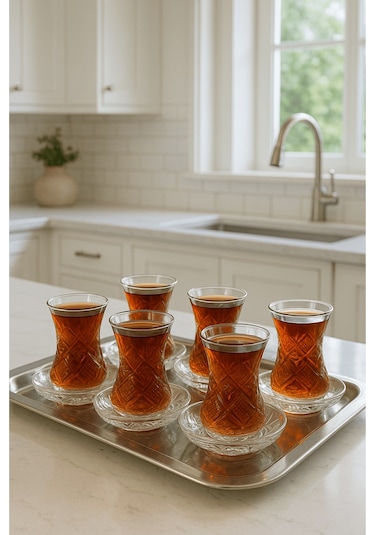 12 Parça Göz Dekor Kesme Çay Seti - Özel Yapım Çay Bardak Tabak Şeffaf