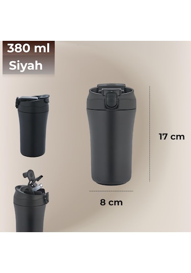 Paslanmaz Çelik Bardak Mug Termos 380 Ml Çift Katmanlı, Sızdırmaz Kapaklı-284 Siyah