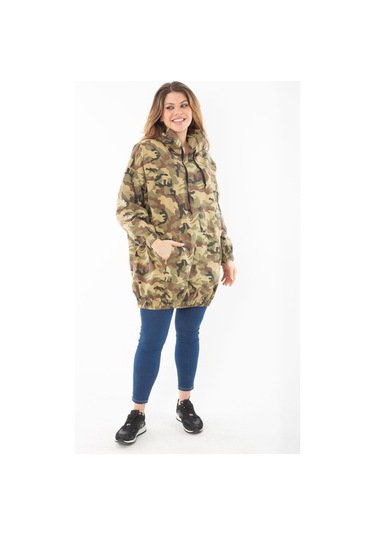 Kadın Büyük Beden Haki Rahat Kesim Kamuflaj Desenli Kapşonlu Kanguru Cepli Uzun Sweatshirt 65n37298-haki Haki