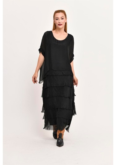 İtalyan 2 Beden İnce Gösteren Yarım Kol Kat Kat Ipek Elbise Siyah