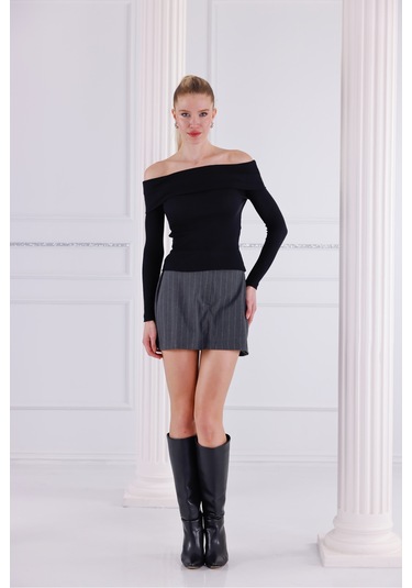 Madonna Yaka Uzun Kollu Fitilli Kadın Bluz Siyah