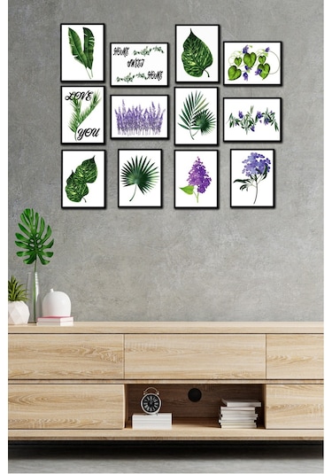 No77decor 12 Parça Yeşil Yaprak Tarzında Tablo Seti