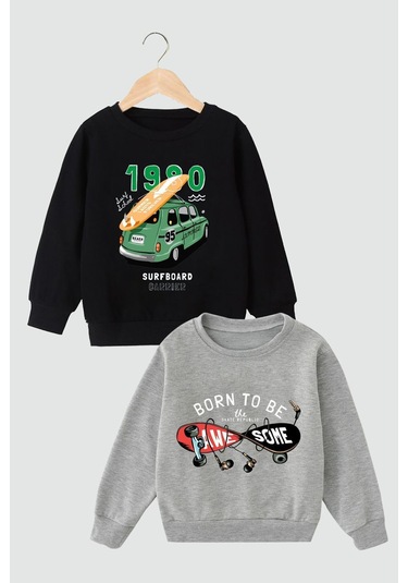 2'li 1980-awesome Baskılı Erkek Çocuk Gri-siyah Sweatshirt Gri - Siyah4