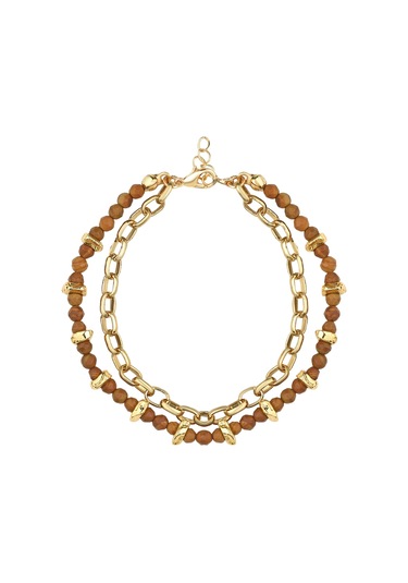 Gold Detaylı Doğal Taşlı İkili Halhal Kahverengi