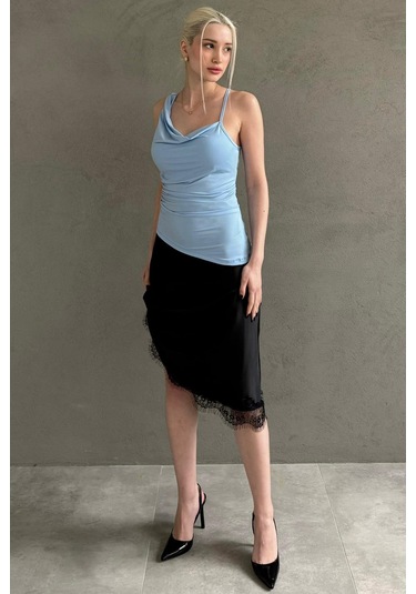 Madmext Mavi Degaje Yaka Atkılı Şık Kadın Bluz Mg2650