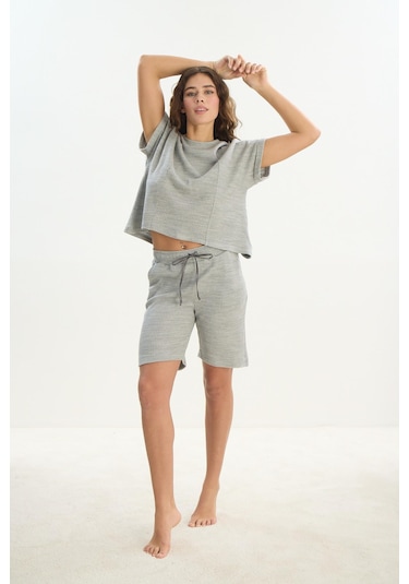 Kadın Kısa Kol Gri Mlelanj Şortlu Pijama Takım C1t1n1o61 001