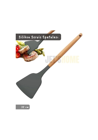 Silikon Servis Spatula Mutfak Kaşığı Pasta Spatulası Ahşap Saplı 32 Cm Gri